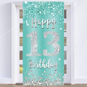 Teal Silver 13th Birthday Decorations Door Banner, Breakfast Blue Happy 13 Birthday Door Cover Party Supplies, Thirteen Year Old Girl Birthday Poster Sign Indoor Outdoor