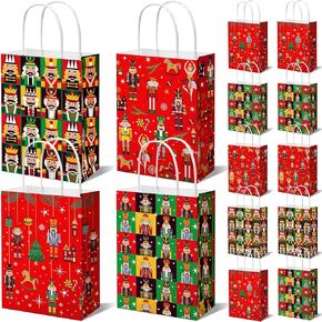 Kavoc 24Pcs Nutcracker Paper Gift Bags with Handles Red Green Christmas Cartoon Soldier Ballet Dancer Xmas Tree Printed Goodie Candy Bags for Winter Holidays Christmas Party Supplies (Red & Green)