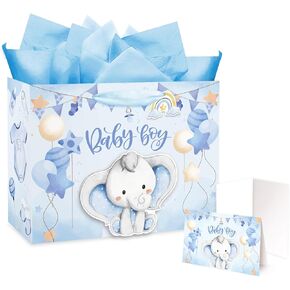 Mpanwen 16" Large Baby Boy Gift Bag for Boy, 3D Making Blue Elephant Theme Baby Gift Bag with Tissue Paper and Greeting Card