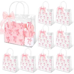 JarThenaAMCS 24Pcs Pink Bow PVC Clear Gift Bag with Handle Ribbon Bowknot Reusable Treat Bag Bowtie Plastic Tote Bag Retail Shopping Bag for Birthday Party Favor