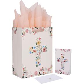 Qirrmiy 13" Large Light Yellow Floral Gift Bag Set with Greeting Card and Tissue Papers for First Communions, Baby Girl Baptisms, Christenings, Religious Occasions - 10.2'x5.2'x13', 1 Pcs.