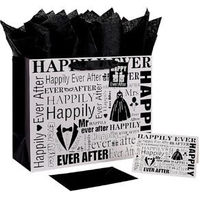 JWSCYSY 12.6" White and Black Gift Bag with Tissue Paper, Gift Tag and Card for Anniversary, Weddings, Engagements, Bridal Showers, Vow Renewals.