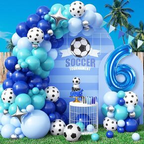 Soccer 8th Birthday Party Supplies, Soccer Balloon Garland Arch Kit, Include 40 Inch Blue Number 8 Balloon, Football Foil Balloon, Royal Blue Teal Light Blue Balloons for Boys 8th Birthday Decoration