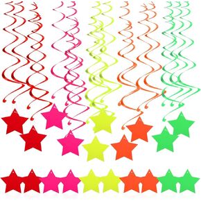 TOYANDONA 40pcs Hanging Swirl Party Decorations, Paper Star Garlands Neon Glow Swirl Hanging Decorations Glow in The Dark Ceiling Streamers for Fluorescent Glow Party Supplies