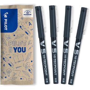 Pilot Flowpack 4 V5 Hi-Tecpoint Liquid Ink Rollerball Pen Fine Tip Black - 0.5mm Tip