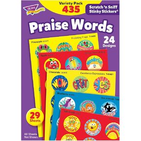 Trend Enterprises: Praise Words, Scented Scratch 'N Sniff Stinky Stickers, Fun for Rewards, Incentives, Crafts and as Collectibles, 24 Different Designs, 29 Sheets Included, for Ages 3 and Up