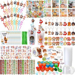 Poen 212 Pcs Jungle Party Favors Set Include Cup Straw Stamp Clap Bracelet Keychain Ring Puzzle Sticker Animal Miniature Card for Birthday Party Baby Shower Goody Bag Stuffer