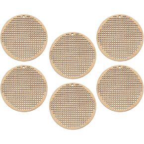 EXCEART 6pcs Circle Wooden Hanging Tags, Wooden Cross Stitch Plate Mini Embroidery Template Blank Hole Paved Cross Stitch Ornament Crafts for DIY Engraving