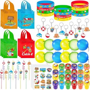 228 Pcs Fishing Themed Party Favors Includes 12 Fishing Birthday Gift Bag 12 Drinking Straw 12 Keychain 24 Stamp 144 Sticker 12 Silicone Bracelet 12 Punch Balloon Fish Goodie Bag Fillers