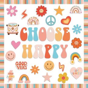 ZOiiWA Groovy Retro Bulletin Board Decoration Groovy Hippie Classroom Decoration Set Boho Choose Happy Bulletin Board Set School Bus Guitar Cutouts for School Home Office Wall Decor