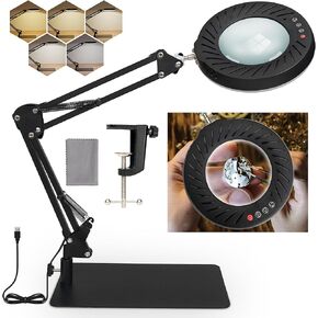 10 X Magnifying Glass with Light and Stand, 5 Color Modes Dimmable Magnifying Glasses for Close Work, 2-in-1 Lighted Magnifying Glass with Clamp for Reading Craft Hobby Close Work