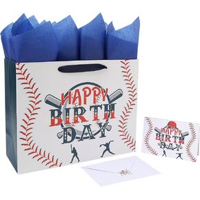13" Large Baseball Happy Birthday Gift Bag Set with Handles, Greeting Card, Tissue Papers and Stickers for Boys Kids Teens, Sport Themed Birthday Design, 1 Pcs