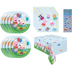 Peppa Pig Birthday Party Supplies Decoration Bundle Pack for 16 includes 16 Dessert Plates, 16 Lunch Napkins, 1 Table Cover, 1 Dinosaur Stickers