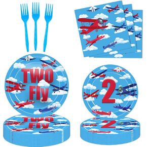 80 Pcs Airplane 2nd Birthday Party Decorations Two Fly Disposable Paper Dinner Plates Napkins Forks Dinnerware for Aviation Theme Boys 2nd Birthday Party Decorations Supplies