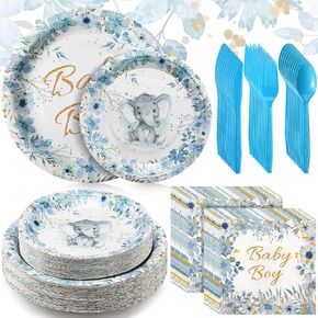 Bokon 300 Pcs Elephant Baby Shower Plates Serve 50 Tableware Set Include Plates Napkins Forks Spoons Knives Elephant Baby Shower Party Decorations for Boy Girl Birthday Gender Reveal Supplies(Boy)