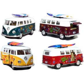 KiNSMART 1962 Volkswagen Classic Bus Set Of 4 With Surfboard and Hippy Decals Bus 1:32 Scale 5 Inch Die Cast Metal Model Toy Van, Pullback Acation