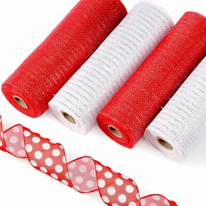 5 Rolls Christmas Mesh Ribbon Red Plaid 30 Feet Each Roll Green and Red Set Poly Burlap Mesh with Ribbon 10 Inches for Wreaths Christmas Tree Decorations Party Decor DIY Crafts