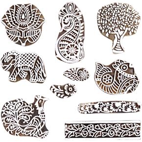 Wooden Pottery Stamps for Block Printing - Wood Blocks for Crafting on Fabric, Clay, Henna & Tattoo [ Pack of 10 pc ] HASHCART®