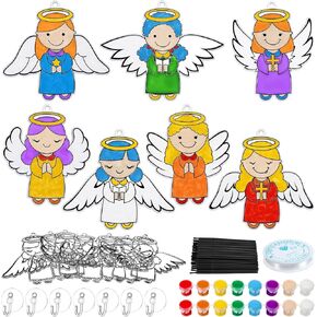 Poen 28 Sets Christmas Angel Suncatcher Crafts Color Your Own Angel Suncatcher Winter Coloring Suncatcher Ornaments Hanging Paint Art Kit Decor for Home Holiday Decoration Activity Party Favors