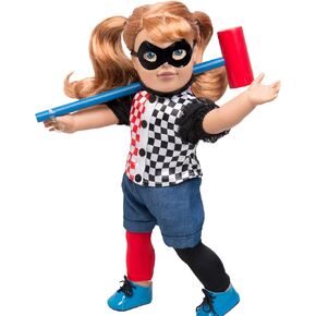 Harley Quinn Inspired Halloween Costume Doll Outfit (7 Piece Set) - Super Hero Clothes and Accessories for 18" Dolls- Includes Shirt, Shoes, Mallot, Shocks- Cute Halloween Costume for Your Doll