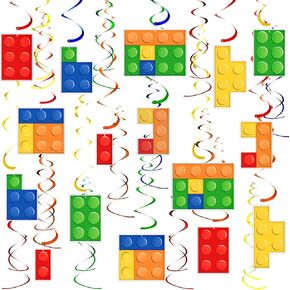 30 Pcs Building Blocks Party Favors Hanging Swirl Decoration Set with Single Double Hanging Swirl for Building Block Theme Birthday Ceiling Decor