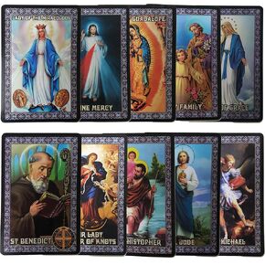 Catholic SET of 10 Holy Prayer Cards - New Plastic material! St Benedict St Jude St Michael St Christopher Holy Family L of Guadalupe L of Miraculous L of Grace L undoer of Knots Divine Mercy