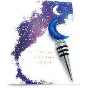 Smiling Wisdom - I Love You to the Moon and Back Greeting Card and Moon Bottle Stopper Keepsake Gift Set - Women - Blue Gold Glass