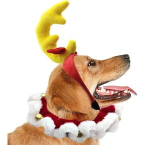 2 PCS Dog Christmas Collar Costumes Reindeer Elk Antlers Headband Soft Warm Snata Collar with Bells Adjustable Xmas Santa Claus Outfit Holiday Pet Clothes Accessories for Large (Large, Yellow Set)