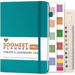 Goals Planner - Deluxe Undated Monthly & Weekly Planner to Increase Productivity, Organizer Notebook Habit Tracker Journal. A5 Hardcover, Start Any Time + Stickers(Black)