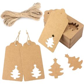 G2PLUS Christmas Gift Tags with String, 100PCS Kraft Paper Christmas Gift Tags, Hollow Christmas Tree Gift Tags, Xmas Present Hanging Name Tags for Christmas, Gift Wrapping, Party Decor (2'' x 4'')