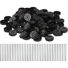 MECCANIXITY 100pcs Toy Car Wheels, 30mmx9mm Plastic Roll and 2mmx50mm Shaft Round Rod Axles for DIY RC Car Truck Boat Helicopter Model Part, Black