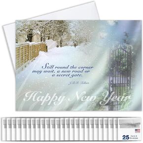 New Years Cards for Business & Family (Tolkien Winter Scene) Greeting Card Set Pack of 25 Happy New Year Cards with Envelopes for 2025 (5x7 inch - A7) Great for Office, Work, Employees & Clients N8008