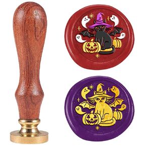 Halloween Cat Wax Seal Stamp Vintage Sealing Stamps 1" Removable Brass Head Seal Stamp with Wooden Handle for Envelope Greeting Card Letters Halloween Invitations Bottle Gift Wrapping