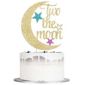 Two The Moon Cake Topper - Baby Shower 2nd Birthday Party Decorations Supplies (Silver)