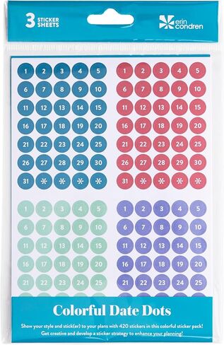 Erin Condren Date Dots Calendar Stickers, 12 Months of Date Dot Stickers, for Undated Planners, Agendas & Calendars, Colorful Sticker Design in Kuwait