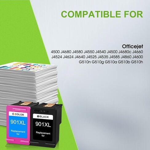 901 خراطيش الحبر | استبدال خرطوشة الحبر المعاد تصنيعها لحزمة HP 901XL 901 XL Combo Pack لطابعة HP Officejet 4500 J4500 J4524 J4540 J4550 J4580 J4624 J4640 J4660 (1 أسود، 1 ثلاثي الألوان) in Kuwait