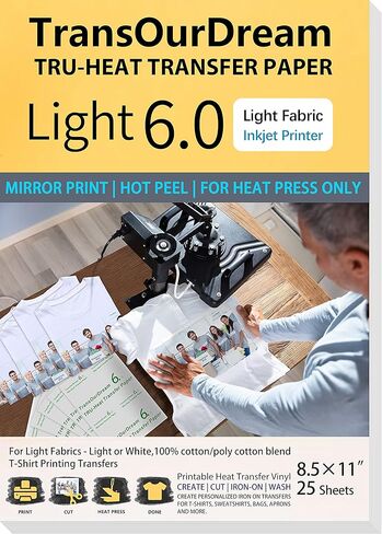 TransOurDream Iron on Heat Transfer Paper for Heat Press (25 Sheets, 8.5x11, Dark 6.0) Printable HTV Heat Transfer Vinyl for T Shirts,Inkjet Printer (TRANS-D6-20) in Kuwait