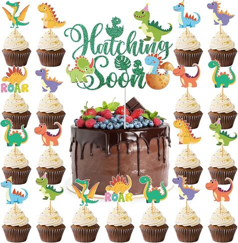 Dinosaur Party Cupcake Toppers - 25 Pcs Hatching Soon Dino Baby Shower Decorations Watercolor Roar Dinosaur Cake Toppers Picks Decor for Baby Boy Dino Theme Gender Reveal Party Supplies in Kuwait