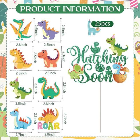 Dinosaur Party Cupcake Toppers - 25 Pcs Hatching Soon Dino Baby Shower Decorations Watercolor Roar Dinosaur Cake Toppers Picks Decor for Baby Boy Dino Theme Gender Reveal Party Supplies in Kuwait