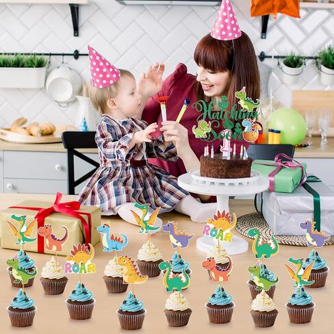 Dinosaur Party Cupcake Toppers - 25 Pcs Hatching Soon Dino Baby Shower Decorations Watercolor Roar Dinosaur Cake Toppers Picks Decor for Baby Boy Dino Theme Gender Reveal Party Supplies in Kuwait