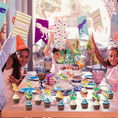Dinosaur Party Cupcake Toppers - 25 Pcs Hatching Soon Dino Baby Shower Decorations Watercolor Roar Dinosaur Cake Toppers Picks Decor for Baby Boy Dino Theme Gender Reveal Party Supplies in Kuwait