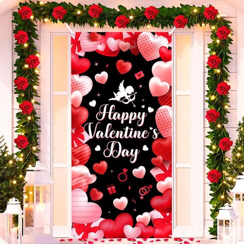 عيد الحب السعيد غطاء الباب ديكورات عيد الحب باب راية خلفية كبيرة من القماش لعيد الحب كيوبيد خلفية قلب أحمر لمستلزمات حفلات عيد الحب في الأماكن المغلقة والخارجية 73 × 36 بوصة in Kuwait