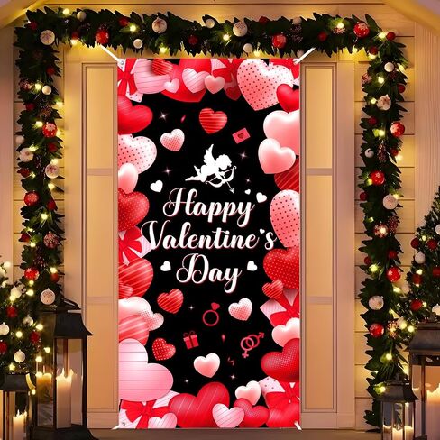 عيد الحب السعيد غطاء الباب ديكورات عيد الحب باب راية خلفية كبيرة من القماش لعيد الحب كيوبيد خلفية قلب أحمر لمستلزمات حفلات عيد الحب في الأماكن المغلقة والخارجية 73 × 36 بوصة in Kuwait