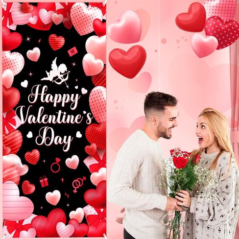 عيد الحب السعيد غطاء الباب ديكورات عيد الحب باب راية خلفية كبيرة من القماش لعيد الحب كيوبيد خلفية قلب أحمر لمستلزمات حفلات عيد الحب في الأماكن المغلقة والخارجية 73 × 36 بوصة in Kuwait