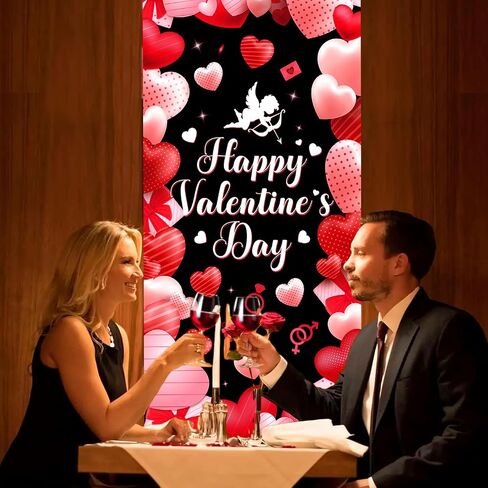 عيد الحب السعيد غطاء الباب ديكورات عيد الحب باب راية خلفية كبيرة من القماش لعيد الحب كيوبيد خلفية قلب أحمر لمستلزمات حفلات عيد الحب في الأماكن المغلقة والخارجية 73 × 36 بوصة in Kuwait