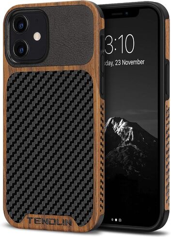 TENDLIN Compatible with iPhone 12 Pro Max Case Wood Grain with Carbon Fiber Texture Design Leather Hybrid Case in Saudi Arabia