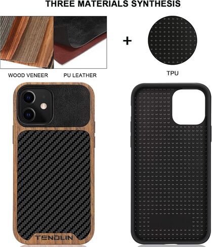 TENDLIN Compatible with iPhone 12 Pro Max Case Wood Grain with Carbon Fiber Texture Design Leather Hybrid Case in Saudi Arabia