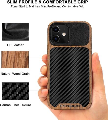 TENDLIN Compatible with iPhone 12 Pro Max Case Wood Grain with Carbon Fiber Texture Design Leather Hybrid Case in Saudi Arabia