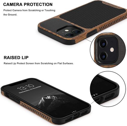 TENDLIN Compatible with iPhone 12 Pro Max Case Wood Grain with Carbon Fiber Texture Design Leather Hybrid Case in Saudi Arabia