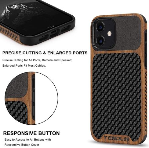 TENDLIN Compatible with iPhone 12 Pro Max Case Wood Grain with Carbon Fiber Texture Design Leather Hybrid Case in Saudi Arabia